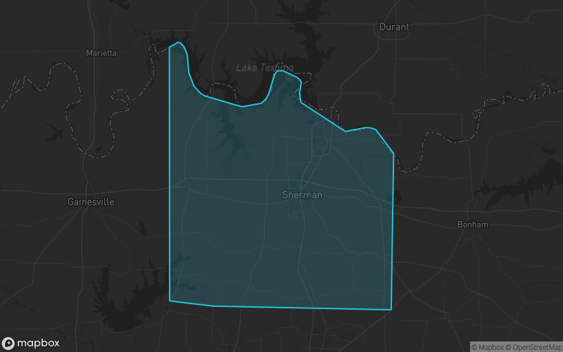 Map of Grayson County, Texas showing the county boundary and surrounding cities