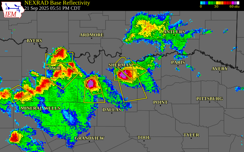 NEXRAD radar during the Sunday, September 21, 2025 storm activity in Grayson County, Texas