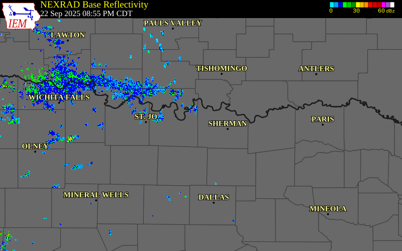 NEXRAD radar during the Monday, September 22, 2025 storm activity in Grayson County, Texas