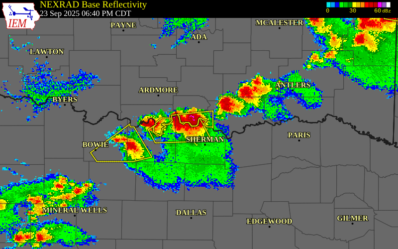 NEXRAD radar during the Tuesday, September 23, 2025 storm activity in Grayson County, Texas