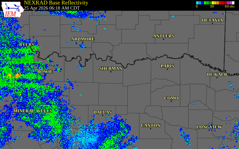 NEXRAD radar during the Saturday, April 25, 2026 storm activity in Grayson County, Texas