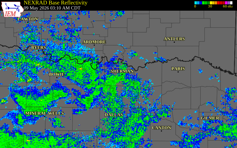 NEXRAD radar during the Saturday, May 9, 2026 storm activity in Grayson County, Texas