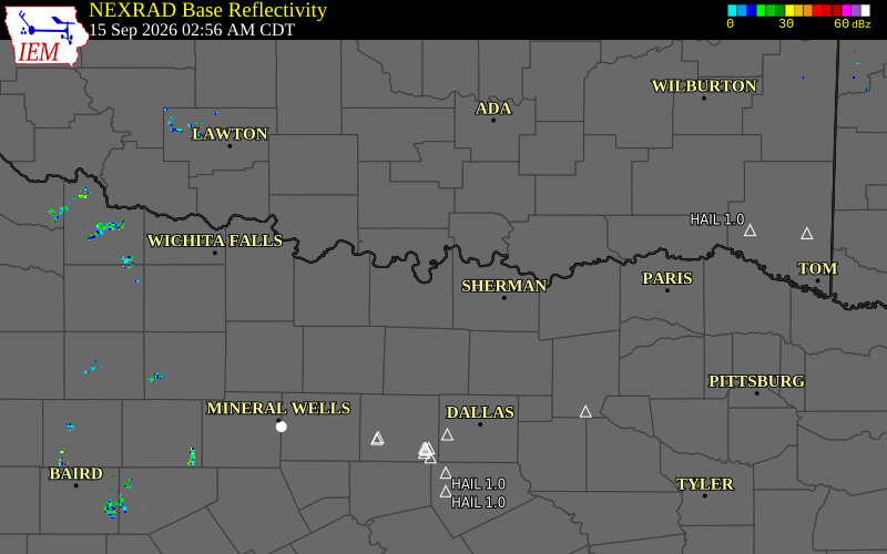 Current NEXRAD radar over Grayson County, Texas with recent storm report locations