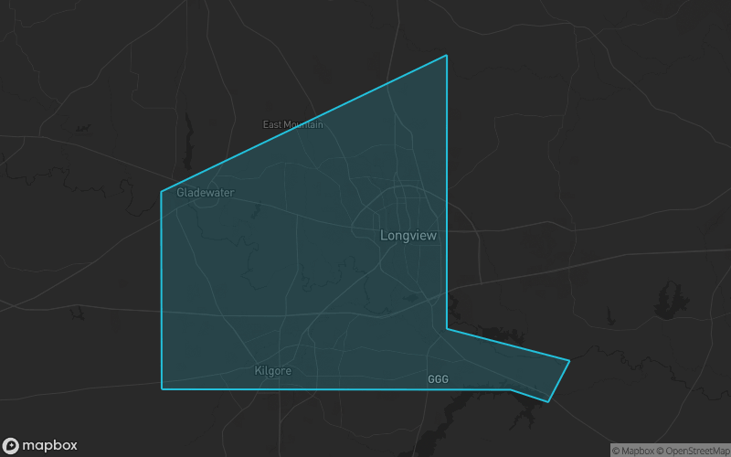Map of Gregg County, Texas showing the county boundary and surrounding cities