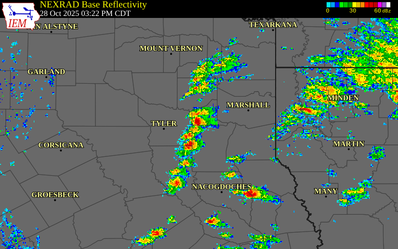 NEXRAD radar during the Tuesday, October 28, 2025 storm activity in Gregg County, Texas