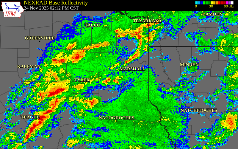 NEXRAD radar during the Monday, November 24, 2025 storm activity in Gregg County, Texas