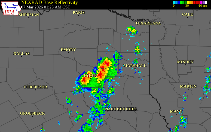 NEXRAD radar during the Saturday, March 7, 2026 storm activity in Gregg County, Texas
