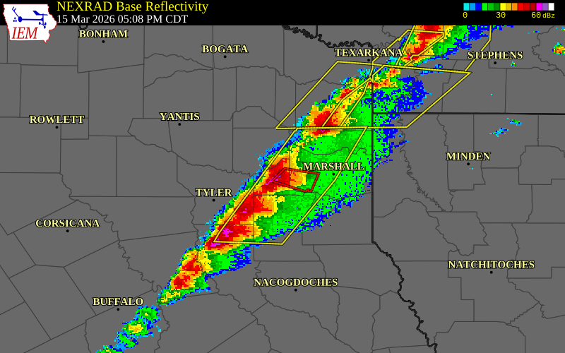 NEXRAD radar during the Sunday, March 15, 2026 storm activity in Gregg County, Texas