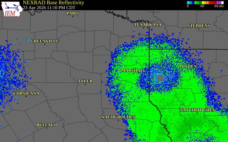 NEXRAD radar during the Thursday, April 23, 2026 storm activity in Gregg County, Texas