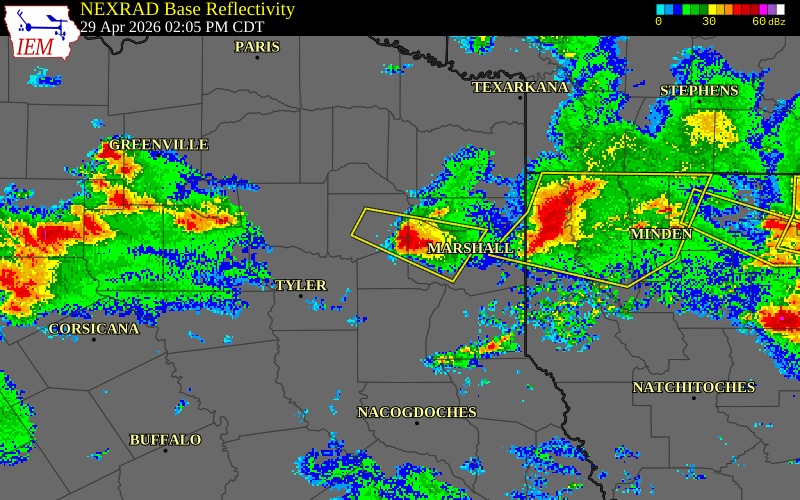 NEXRAD radar during the Wednesday, April 29, 2026 storm activity in Gregg County, Texas