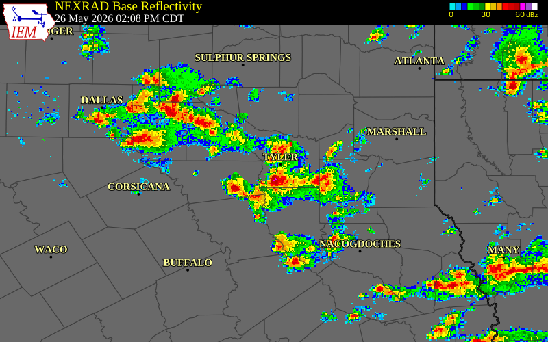NEXRAD radar during the Tuesday, May 26, 2026 storm activity in Gregg County, Texas
