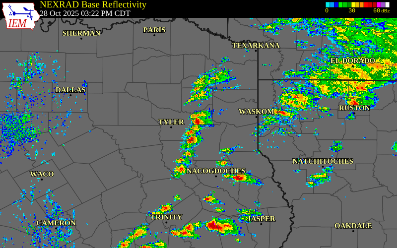 Radar snapshot during the Oct 28, 2025 tornado event near 3 WSW Kilgore, Gregg County, Texas, with NWS warning polygons