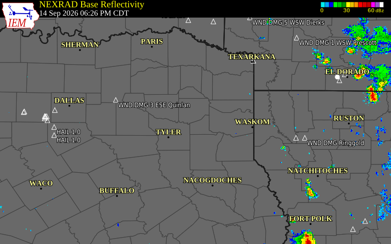 Current NEXRAD radar over Gregg County, Texas with recent storm report locations