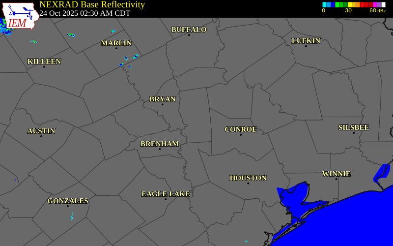 NEXRAD radar during the Friday, October 24, 2025 storm activity in Grimes County, Texas
