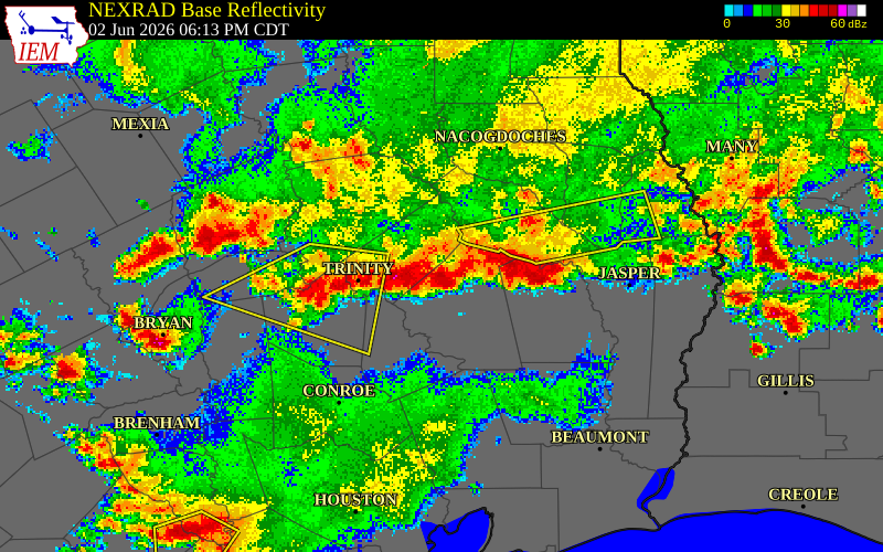 NEXRAD radar during the Tuesday, June 2, 2026 storm activity in Grimes County, Texas