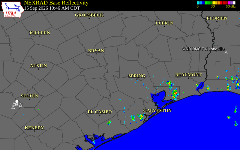 Current NEXRAD radar over Grimes County, Texas with recent storm report locations