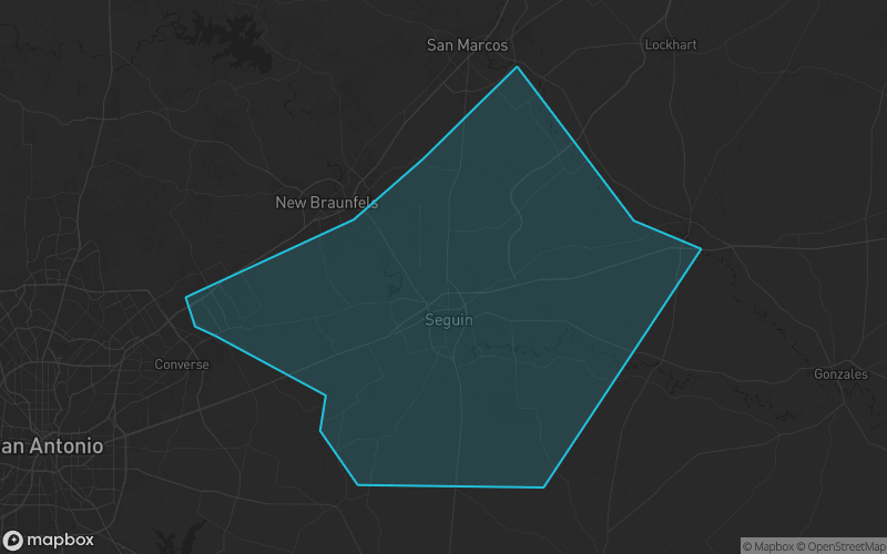 Map of Guadalupe County, Texas showing the county boundary and surrounding cities