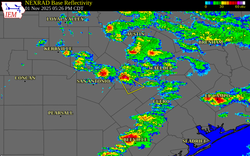 NEXRAD radar during the Saturday, November 1, 2025 storm activity in Guadalupe County, Texas