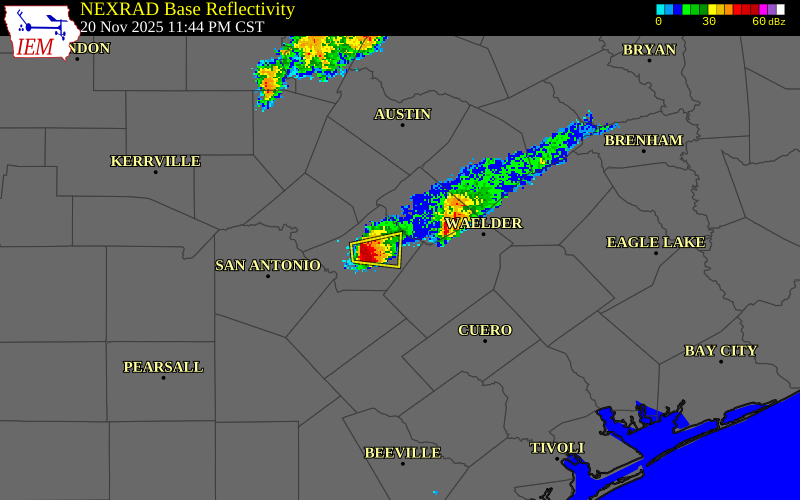 NEXRAD radar during the Thursday, November 20, 2025 storm activity in Guadalupe County, Texas
