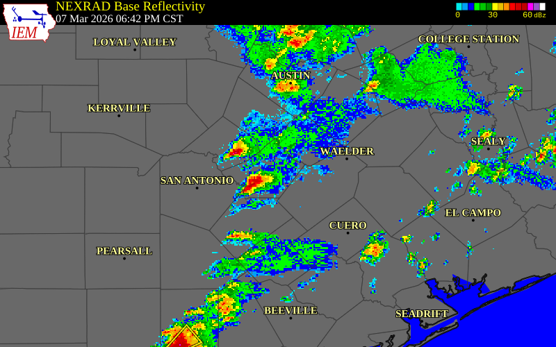 NEXRAD radar during the Saturday, March 7, 2026 storm activity in Guadalupe County, Texas