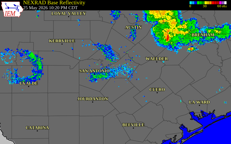NEXRAD radar during the Monday, May 25, 2026 storm activity in Guadalupe County, Texas