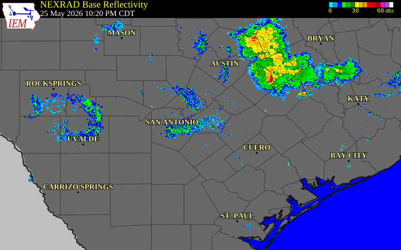 Radar snapshot during the May 25, 2026 tornado event near 3 N New Berlin, Guadalupe County, Texas, with NWS warning polygons