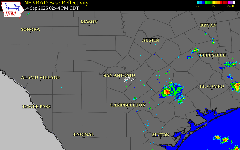 Current NEXRAD radar over Guadalupe County, Texas with recent storm report locations