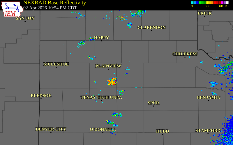 NEXRAD radar during the Thursday, April 2, 2026 storm activity in Hale County, Texas