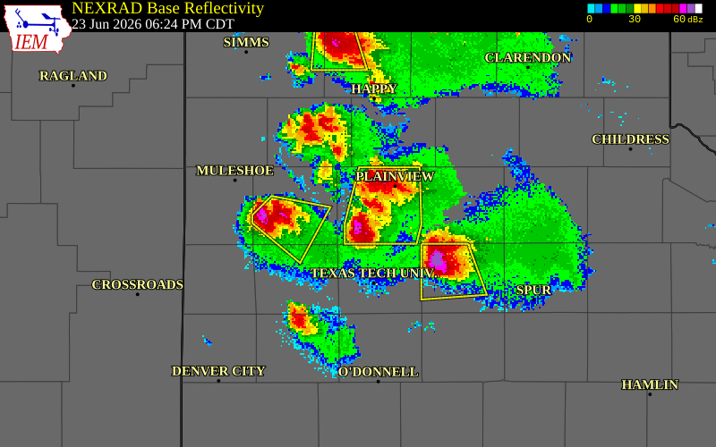 NEXRAD radar during the Tuesday, June 23, 2026 storm activity in Hale County, Texas