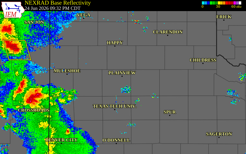 NEXRAD radar during the Wednesday, June 24, 2026 storm activity in Hale County, Texas