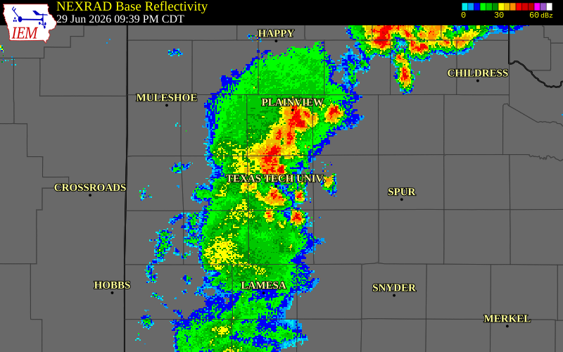 NEXRAD radar during the Monday, June 29, 2026 storm activity in Hale County, Texas