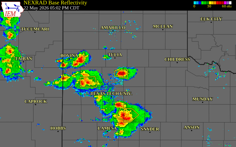 Radar snapshot during the May 22, 2026 tornado event near 3 SE Plainview, Hale County, Texas, with NWS warning polygons