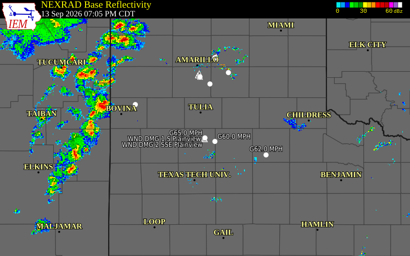 Current NEXRAD radar over Hale County, Texas with recent storm report locations
