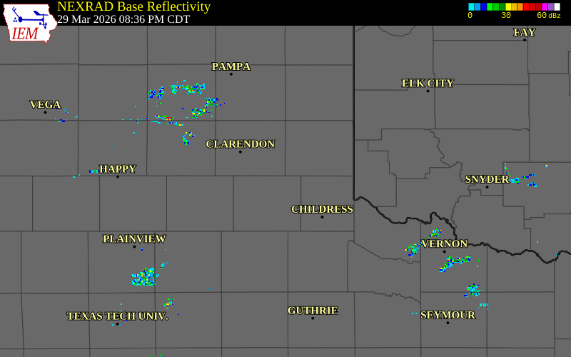 NEXRAD radar during the Sunday, March 29, 2026 storm activity in Hall County, Texas