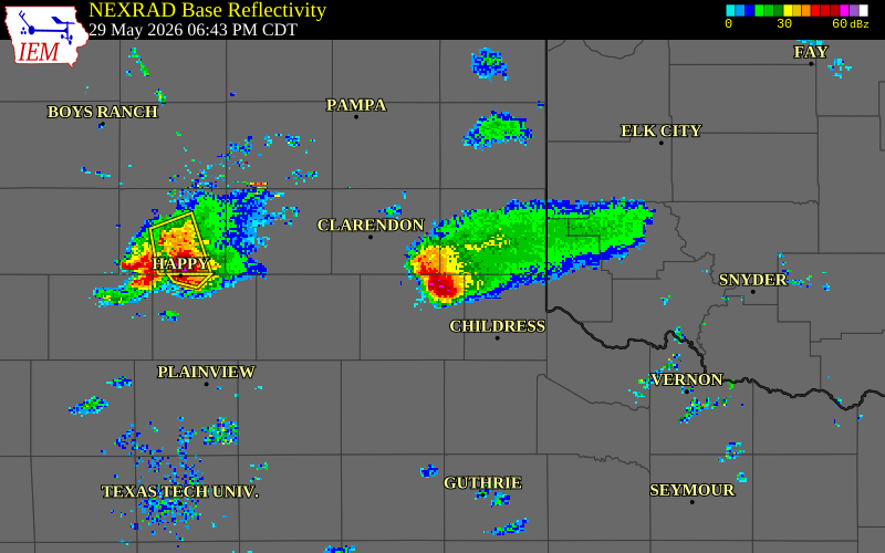 NEXRAD radar during the Friday, May 29, 2026 storm activity in Hall County, Texas
