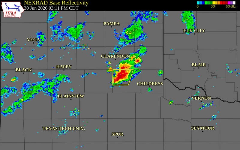 NEXRAD radar during the Tuesday, June 30, 2026 storm activity in Hall County, Texas
