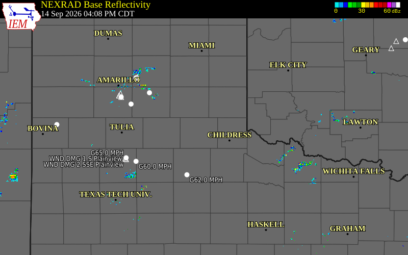 Current NEXRAD radar over Hall County, Texas with recent storm report locations