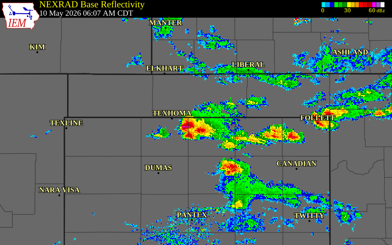 NEXRAD radar during the Sunday, May 10, 2026 storm activity in Hansford County, Texas