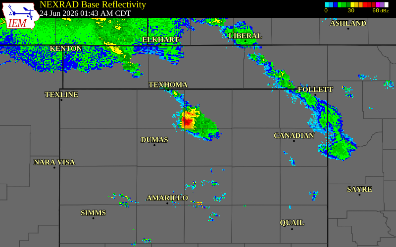 NEXRAD radar during the Wednesday, June 24, 2026 storm activity in Hansford County, Texas