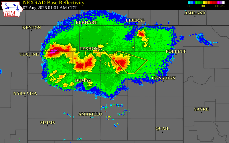 NEXRAD radar during the Friday, August 7, 2026 storm activity in Hansford County, Texas