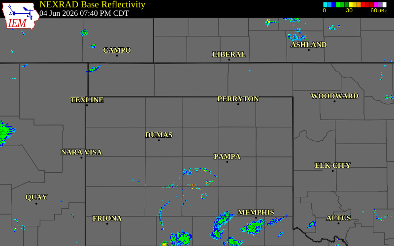 Radar snapshot during the Jun 4, 2026 hail event near 5 NE Morse, Hansford County, Texas, with NWS warning polygons