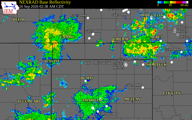 Current NEXRAD radar over Hansford County, Texas with recent storm report locations