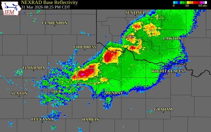 NEXRAD radar during the Tuesday, March 31, 2026 storm activity in Hardeman County, Texas