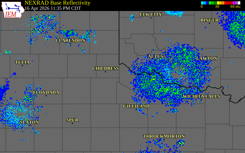 NEXRAD radar during the Thursday, April 16, 2026 storm activity in Hardeman County, Texas
