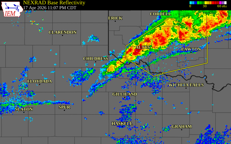 NEXRAD radar during the Friday, April 17, 2026 storm activity in Hardeman County, Texas