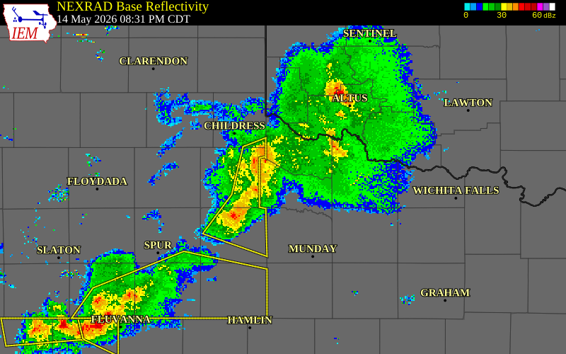NEXRAD radar during the Thursday, May 14, 2026 storm activity in Hardeman County, Texas