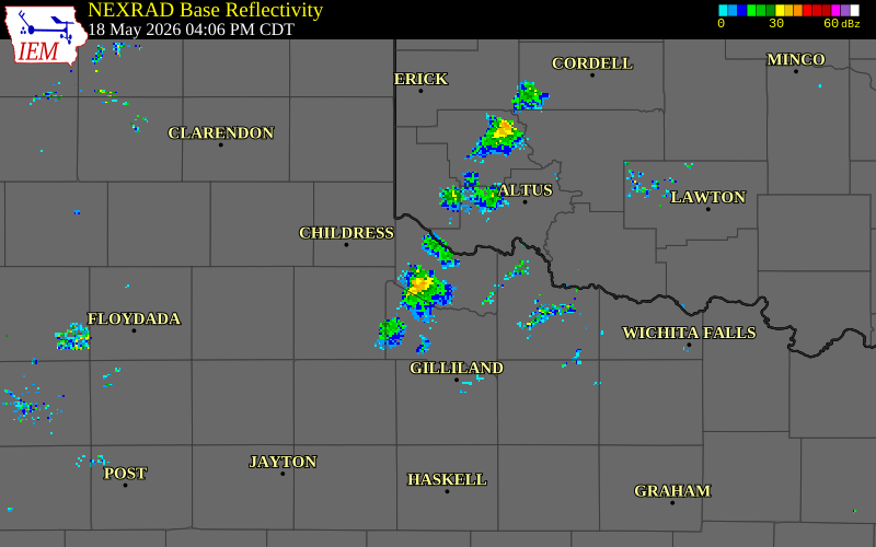 NEXRAD radar during the Monday, May 18, 2026 storm activity in Hardeman County, Texas