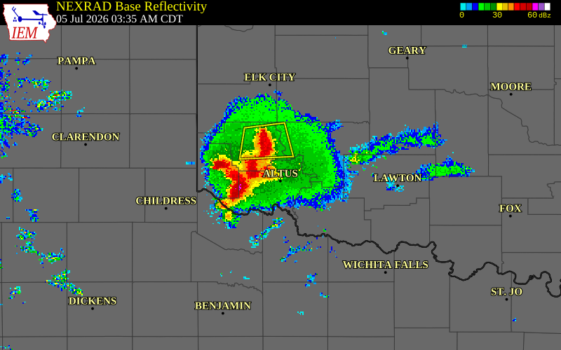 NEXRAD radar during the Sunday, July 5, 2026 storm activity in Hardeman County, Texas