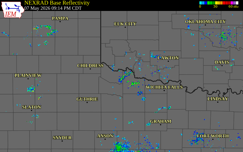 Radar snapshot during the May 7, 2026 hail event near Chillicothe, Hardeman County, Texas, with NWS warning polygons