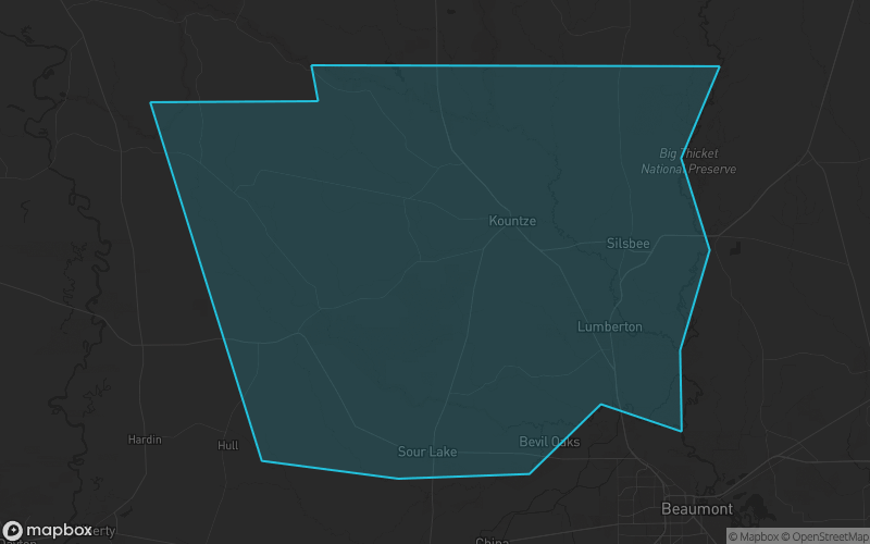 Map of Hardin County, Texas showing the county boundary and surrounding cities